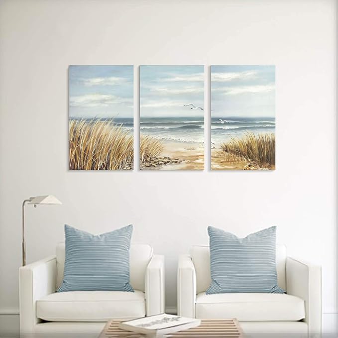 Abstract Beach Canvas Wall Art: Seashore Grasses Artwork Print Seascape Painting for Walls (26'' x 16'' x 3 Panels)