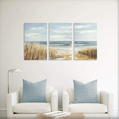 Abstract Beach Canvas Wall Art: Seashore Grasses Artwork Print Seascape Painting for Walls (26'' x 16'' x 3 Panels)