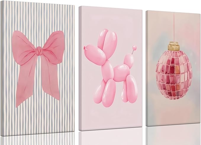 Yxjyzzkx Pink Cute Wall Art Set of 3 – Aesthetic Canvas Prints for Girls Room, Nursery & Kids Bedroom, Pink Bow Balloon Dog Chandelier Artwork, Modern Kawaii Wall Decor