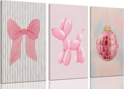 Yxjyzzkx Pink Cute Wall Art Set of 3 – Aesthetic Canvas Prints for Girls Room, Nursery & Kids Bedroom, Pink Bow Balloon Dog Chandelier Artwork, Modern Kawaii Wall Decor