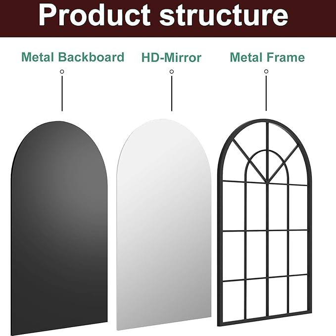Dewfig Arch Wall Mirror Mounted Decorative, 24"x42", Arched Window Pane Mirror for Wall-Mounted for Entryway, Bathroom Vanity, Living Room or Bedroom, Iron Frame, Black
