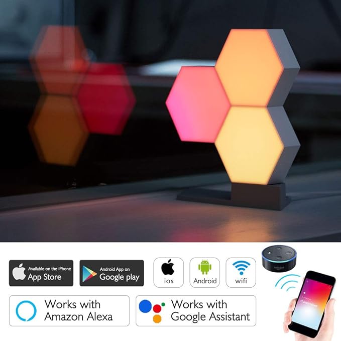 Yescom APP Control 7 Pack Smart LED Light Panels Hexagon Smarter Kit Aesthetic Splicing Lamp Compatible with Alexa & Google for Gaming Party Bedroom Decor