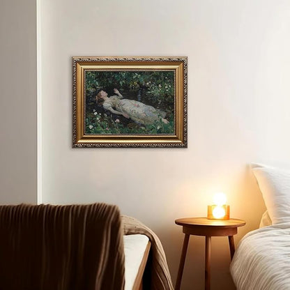 WZGZXU Vintage Gold Framed Wall Art Ophelia Canvas Painting Woman Portrait Picture Victorian Gothic Dark Academia Artwork Moody Prints For Living Room Bedroom Bathroom 12x16in