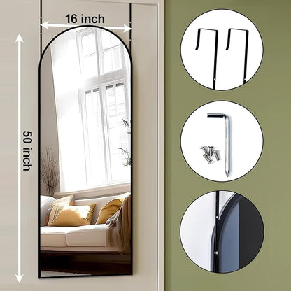 DMWOODFL 50"x16" Black Arched Over The Door Mirror, Adjustable Height Full Length Mirror with Shatterproof Glass & Aluminum Frame, Wall Mounted Hanging Mirror for Bedroom Living Room Bathroom Dorm