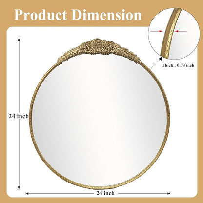 Growsun Round Wall Mirror with Vintage Gold Floral Frame – 24 Inch Decorative Wall Mirror for Living Room, Bedroom, Entryway, Bathroom Vanity – Elegant Antique Accent Home Décor