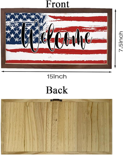 American Flag Welcome Sign, Front Door Wall Decors, Patriotic American Home Decor, Porch Decoration, Housewarming Decoration, Rustic Farmhouse Wooden Framed Wall Decor 15×7.5×0.3 inches