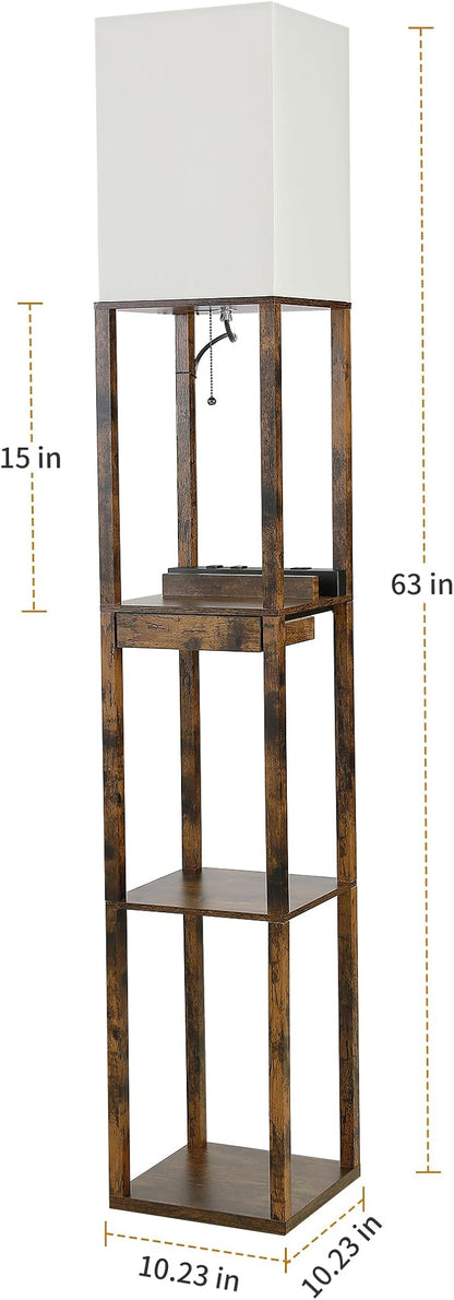 SUNMORY Floor Lamp with Shelves, Modern Dimmable Standing Lamp with Drawer & 2 USB Ports & 2 Power Outlet, Corner Tall Shelf Lamp for Living Room and Bedroom (Rustic Browm)