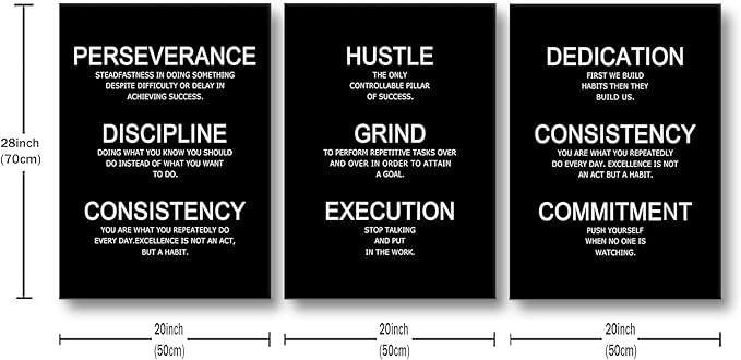 Hustle Discipline Motivational Poster 3 Piece Success Quote Office Decor Inspirational Wall Art Canvas Prints Artwork for Modern Home Living Room Painting Pictures Stretched and Framed [60''W x 28''H]