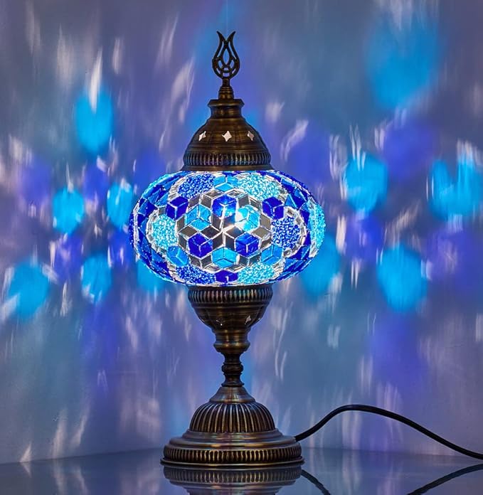 DEMMEX – 7" Large Globe Turkish Moroccan Mosaic Table Lamp, Handcrafted Tiffany-Style Colorful Glass Bedside, Desk & Table Light, Artisan Decor for Living Room or Bedroom, 14" H (Blue)