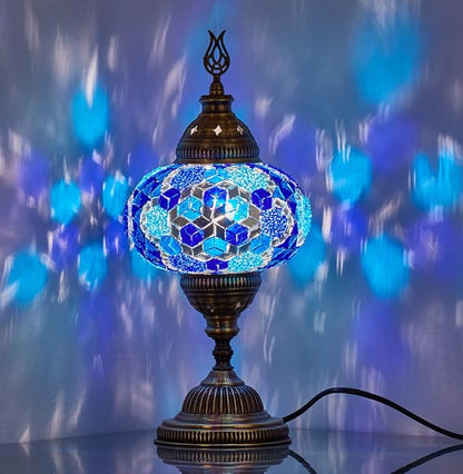 DEMMEX – 7" Large Globe Turkish Moroccan Mosaic Table Lamp, Handcrafted Tiffany-Style Colorful Glass Bedside, Desk & Table Light, Artisan Decor for Living Room or Bedroom, 14" H (Blue)