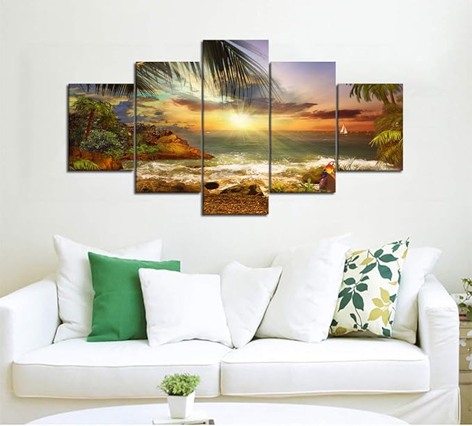 Scene of Sea Waves Palm Tree Landscape Picture Modern Painting on Canvas 5 Piece Framed Wall Art for Living Room Bedroom Kitchen Home Decor Stretched Canvas Wrap Giclee Print (60’’W x 32’’H)