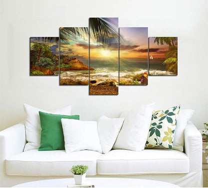 Scene of Sea Waves Palm Tree Landscape Picture Modern Painting on Canvas 5 Piece Framed Wall Art for Living Room Bedroom Kitchen Home Decor Stretched Canvas Wrap Giclee Print (60’’W x 32’’H)