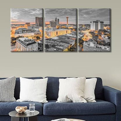 TUMOVO 3 Panel San Antonio Texas USA Downtown City Skyline Modern Artwork Wall Decor Skyscrapers Cityscape Pictures Bathroom Decor Wall Art Print on Canvas Framed Ready to Hang (36" Wx16 H)