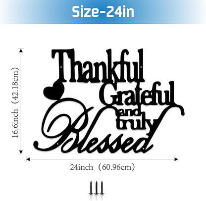 Hppybiry Thankful Grateful Blessed Wall Decor Black Metal Wall Art Thankful Grateful and Truly Blessed Sign Home Decor Entryway Living Room Decoration Signs - 24 Inches