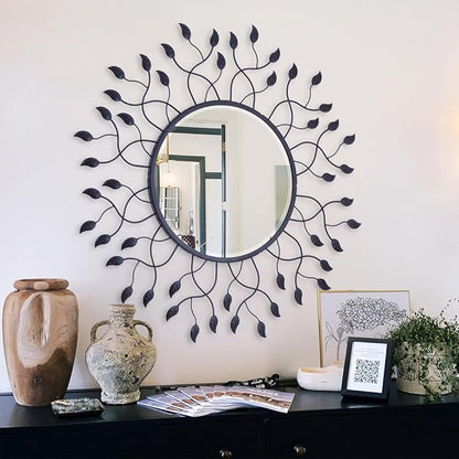 Chende 32" Wall Decorative Mirror with Metal Leaves, Black Living Room Mirror with Beveled Edge, Glam Mirror for Bedroom, Foyer, Entrance