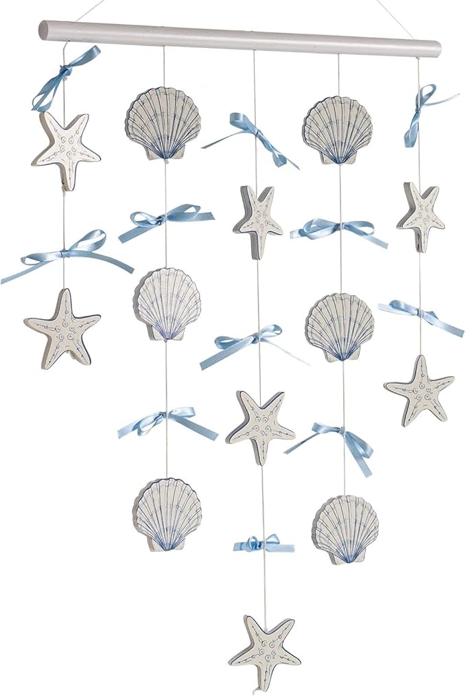 pechpell Beach Seashell Wall Hanging Decor, Ocean Nursery Themed Coastal Wall Art 29"x15" Wooden Shells Starfish Decor with Blue Bow for Beachy Room Bathroom Bedroom Office Farmhouse Home Decorations