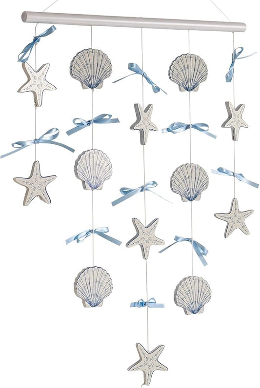 pechpell Beach Seashell Wall Hanging Decor, Ocean Nursery Themed Coastal Wall Art 29"x15" Wooden Shells Starfish Decor with Blue Bow for Beachy Room Bathroom Bedroom Office Farmhouse Home Decorations