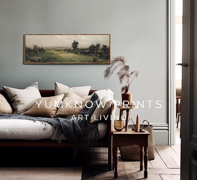 Framed Canvas Wall Art for Bedroom - Long Horizontal 13.5x40" Above the Bed - Vintage Farmhouse French Country Room Decor - Green Trees Mountain Landscape - Cottagecore Aesthetic Living Room Plant