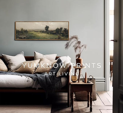 Framed Canvas Wall Art for Bedroom - Long Horizontal 13.5x40" Above the Bed - Vintage Farmhouse French Country Room Decor - Green Trees Mountain Landscape - Cottagecore Aesthetic Living Room Plant