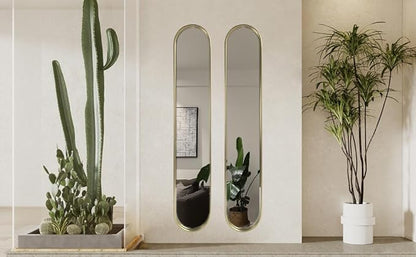 OUSHUAI Gold Full Length Oval Mirror,Narrow Capsule Long Mirrors with Metal Frame for Entryway,Hallway,Living Room 44"X8"(2pcs) …