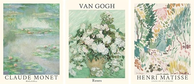 MINI ZOZI Sage Green Canvas Wall Art Set Of 3 Matisse Van Gogh Monet Flower Prints 12x16 Wall Decor Large Mid Century Modern Aesthetic Over Bed Poster Painting Master Bedroom Living Room