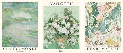 MINI ZOZI Sage Green Canvas Wall Art Set Of 3 Matisse Van Gogh Monet Flower Prints 12x16 Wall Decor Large Mid Century Modern Aesthetic Over Bed Poster Painting Master Bedroom Living Room