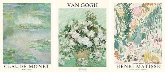 MINI ZOZI Sage Green Canvas Wall Art Set Of 3 Matisse Van Gogh Monet Flower Prints 12x16 Wall Decor Large Mid Century Modern Aesthetic Over Bed Poster Painting Master Bedroom Living Room
