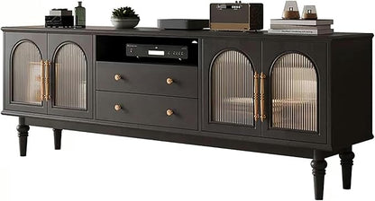 TV Stand TV-Console Table, Solid Wood TV Stands, 59×15.7×22.8in, Tempered Glass Door, Modern Entertainment Center, Tv Cabinet with Drawers, TV Table, for Living Room, Bedroom(Black B)