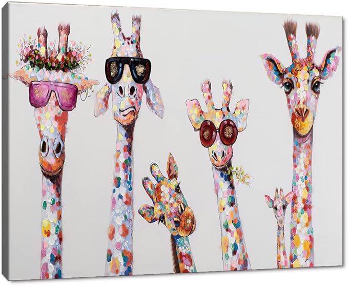 Bansky Graffiti Art Giraffes Family Wear Glasses Canvas Prints and Painting Giclee Art Wall Artwork for Living Room Office Wall Decoration Framed and Streched Ready to Hang - 24x36 inch