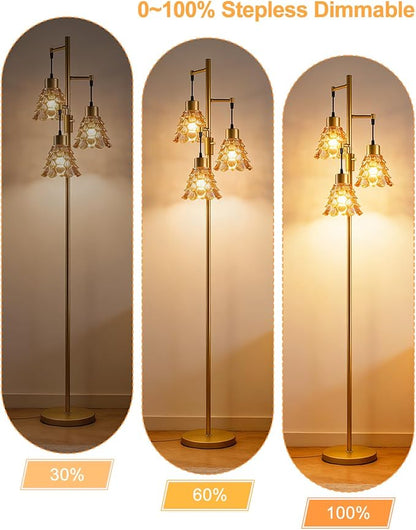 3-Light Modern Glass Floor Lamp, Gold Standing Tall Lamp with Amber Pinecone Glass Shade for Reading, Dimmable LED Floor Lamp with 5Lbs Heavy Base for Living Room Bedroom Home Decor, Bulb Included