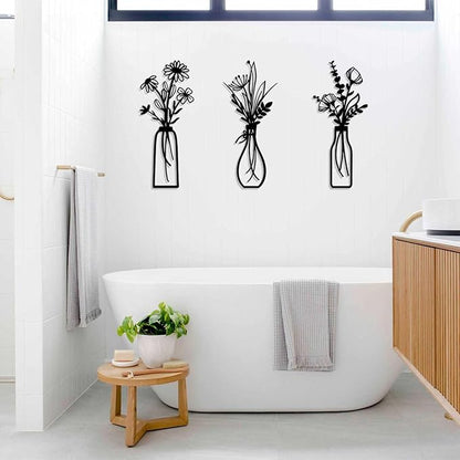 BFORXRO 3 Pieces Metal Flowers Wall Art Decor,Modern Rustic Farmhouse Black Flower Wall Decor for New Home Bathroom Kitchen Living Room Bedroom Decoration Floral