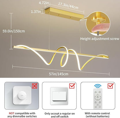 Modern LED Gold Pendant Light, 57IN Ceiling Chandelier Fixtures Dimmable with Remote Control 3000k-6500K Adjustable Color Temperature, Aluminum Island Lighting Lamp for Dining Room, Living Room