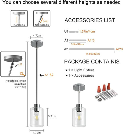 Chrome Pendant Lights Kitchen Island - Clear Glass Pendant Light Fixture Multiple Stems Rods 3 Units 12 Inch 3 Units 4 Inch (1 Pack Chrome Downrod)