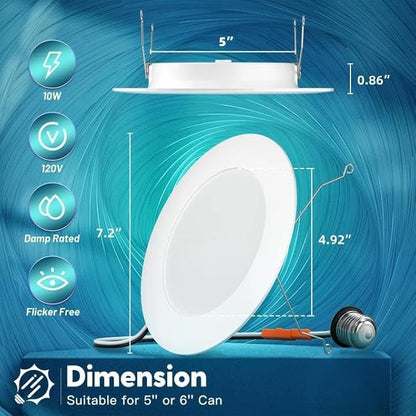 FREELICHT 6 Pack Retrofit LED Recessed Lighting 6 Inch, Selectable 2700K/3000K/4000K/5000K/6000K, Dimmable Flat LED Can Lights, 10W=110W, 1000LM, IC & Damp Rated, ETL & FCC, White