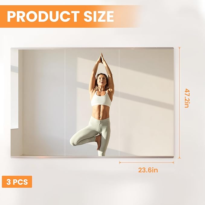 Peegel Home Gym Mirror - 48''x24''(3PCS) Large Frameless Tempered Glass Workout Mirrors for Home Gym Wall,Yoga,Garage,Dance