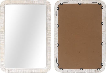FUIN 20" x 30" Rattan Wicker Rectangle Wall Mounted Bathroom Mirror for Coastal Boho Nursery Decor, White Wash