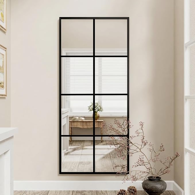 Prywot Full Length Mirror, 56"x22" Window Pane Mirror for Wall Decor, Full Body or Wall Mounted Mirrors, Farmhouse Standing Mirrors Hanging or Leaning for Living Room, Entryway, No Stand