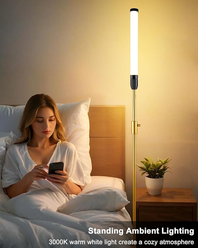 Lightdot 68IN LED Floor Lamp for Living Room, Stepless Dimmable(10-100% Brightness) Modern Standing Tall Lamps with Milky White Cylindrical LampHead,Mid Century Industrial Floor Lamps for Bedroom-Gold