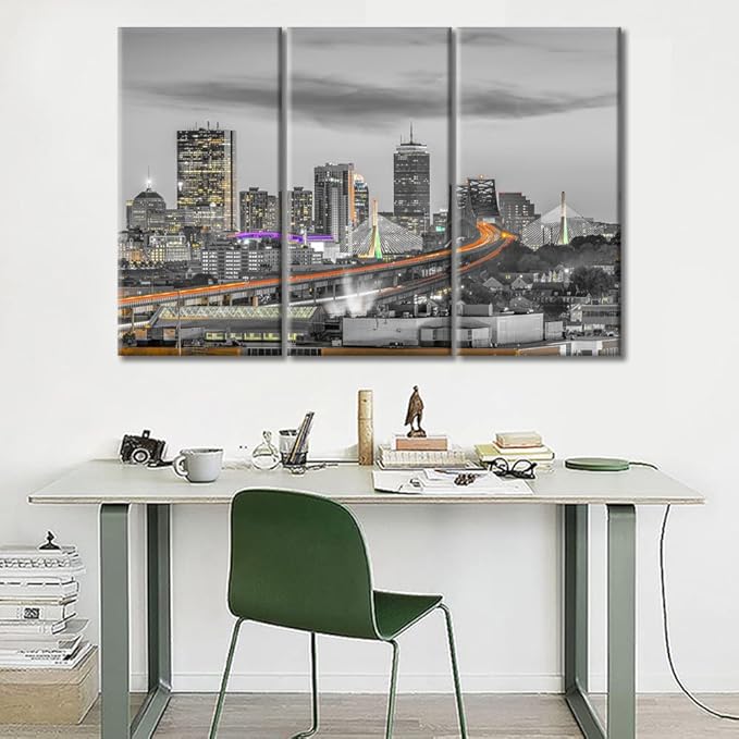 TUMOVO Boston Massachusetts USA Skyline Bathroom Decor Wall Art 3 Piece Bridges and Highways Nighttime Lightscape Black and White Wall Art Posters and Prints Framed Ready to Hang (36" Wx24 H)