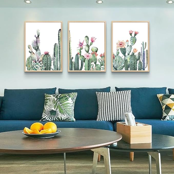 TTHYUEWS Large Boho Wall Art For Living Room Wood Framed Wall Decor For Bedroom Office Wall Art Kitchen Home Decoration Canvas Framed Prints Art Green Cactus Wall Paintings Leaves Pictures Artwork