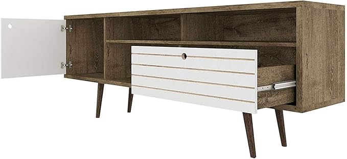 Tangkula Mid-Century Modern TV Stand for TVs up to 70" - Wooden Console Table with Storage Shelves, Cabinet and Drawer, Living Room Entertainment Center (Walnut & White)