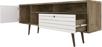Tangkula Mid-Century Modern TV Stand for TVs up to 70" - Wooden Console Table with Storage Shelves, Cabinet and Drawer, Living Room Entertainment Center (Walnut & White)
