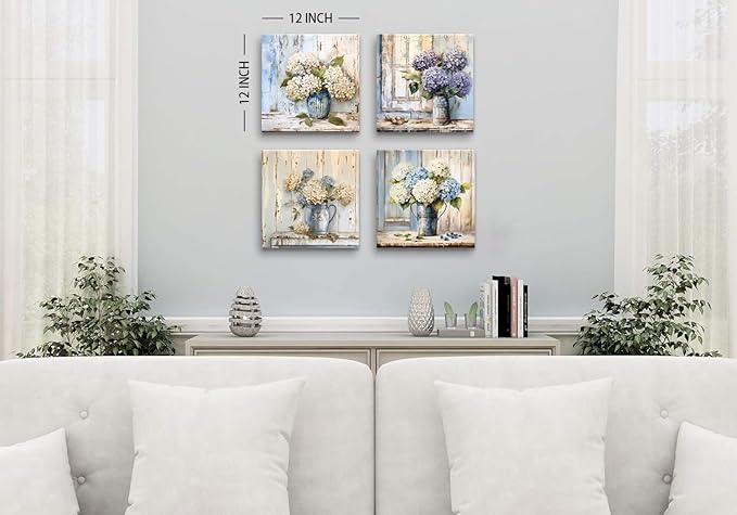 Blue Hydrangea Wall Art Vintage Farmhouse Flowers Pictures Bathroom Wall Decor Blossom Floral Painting Abstract Nature Botanical Posters Artwork for Living Room Kitchen Home Decoration 12x12” 4Pcs