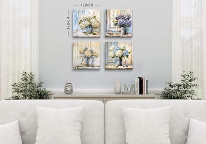 Blue Hydrangea Wall Art Vintage Farmhouse Flowers Pictures Bathroom Wall Decor Blossom Floral Painting Abstract Nature Botanical Posters Artwork for Living Room Kitchen Home Decoration 12x12” 4Pcs
