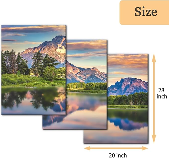 Pacimo Nature Canvas Wall Art Sunset Sunrise Mountain Pictures Grand Teton National Park Canvas Print River Forest Landscape Artwork for Living Room Bedroom Home Office Wall Decoration - 20"x28"x3