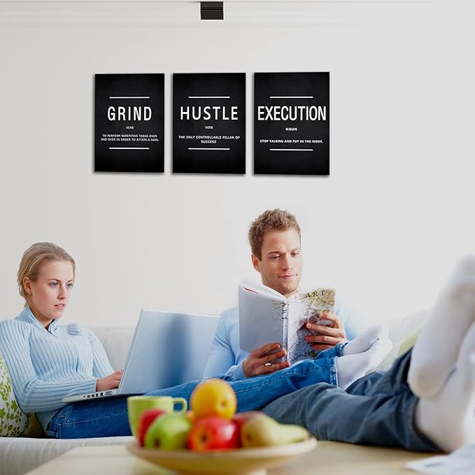 KAWAHONE Grind Hustle Execution Quotes Framed Wall Art, Inspirational Painting Prints Poster Wall Decor Motivation Canvas Entrepreneur Wall Picture for Home Office Business Workplace Ready to Hang
