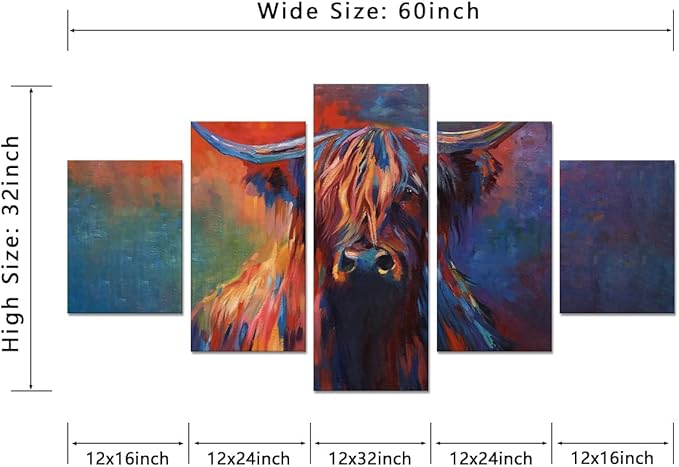 Highland Cow Canvas Wall Art Cow Pictures Modern Abstract Oil Painting on Canvas 5 Panels for Home Decor Living Room, Framed 60L x 32W