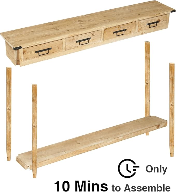 RUSTOWN Farmhouse Console Table with 4 Drawer, 60" Long Rustic Entryway Table with Open Storage Shelves and Handmade Metal Handle, Narrow Foyer Sofa Table for Living Room, Entryway, Hallway(Natural)