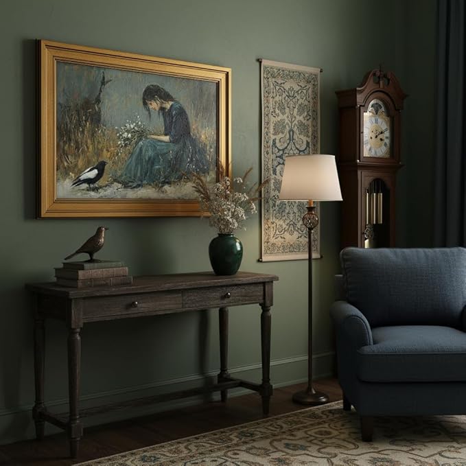 Vintage Gold Framed Canvas Wall Art, Girl Magpie Poster Artwork, Dark Moody Print Picture, Melancholic Aesthetic Painting Wall Decor, for Living Room, Bedroom, Study Home Decoration, 12x16in