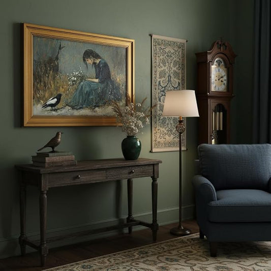 Vintage Gold Framed Canvas Wall Art, Girl Magpie Poster Artwork, Dark Moody Print Picture, Melancholic Aesthetic Painting Wall Decor, for Living Room, Bedroom, Study Home Decoration, 12x16in
